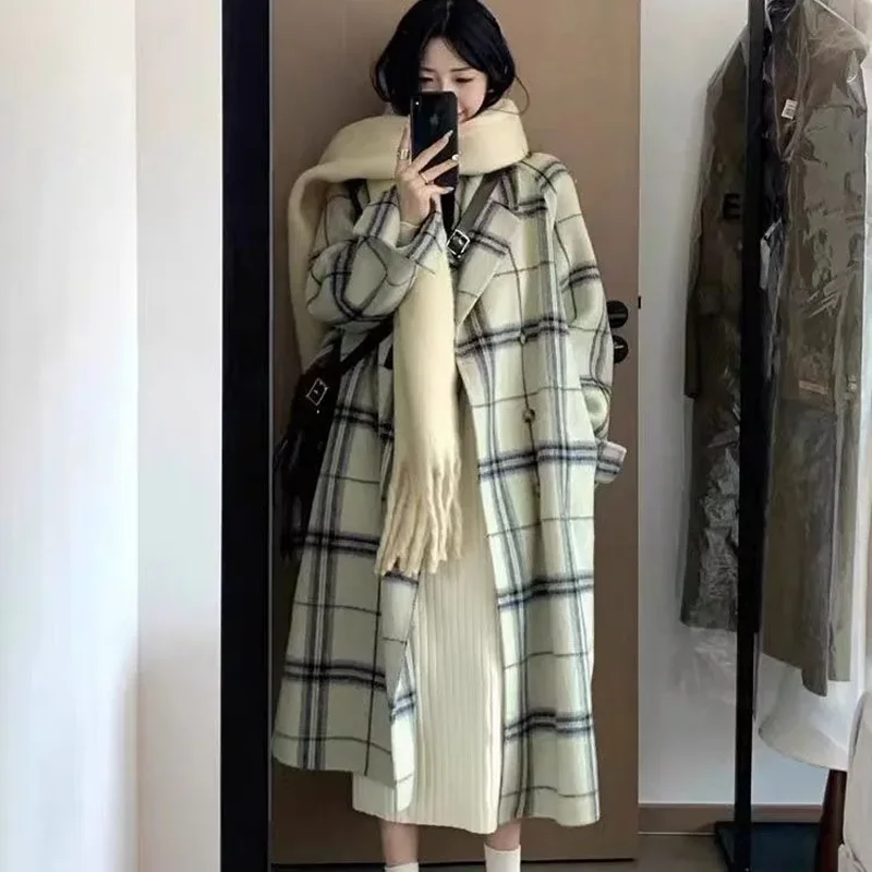 Chic Plaid Woolen Windbreakers Jacket Women's Overcoat 2026 Autumn Winter New Korean Belt Loose Long Woolen Trenchcoat Coat