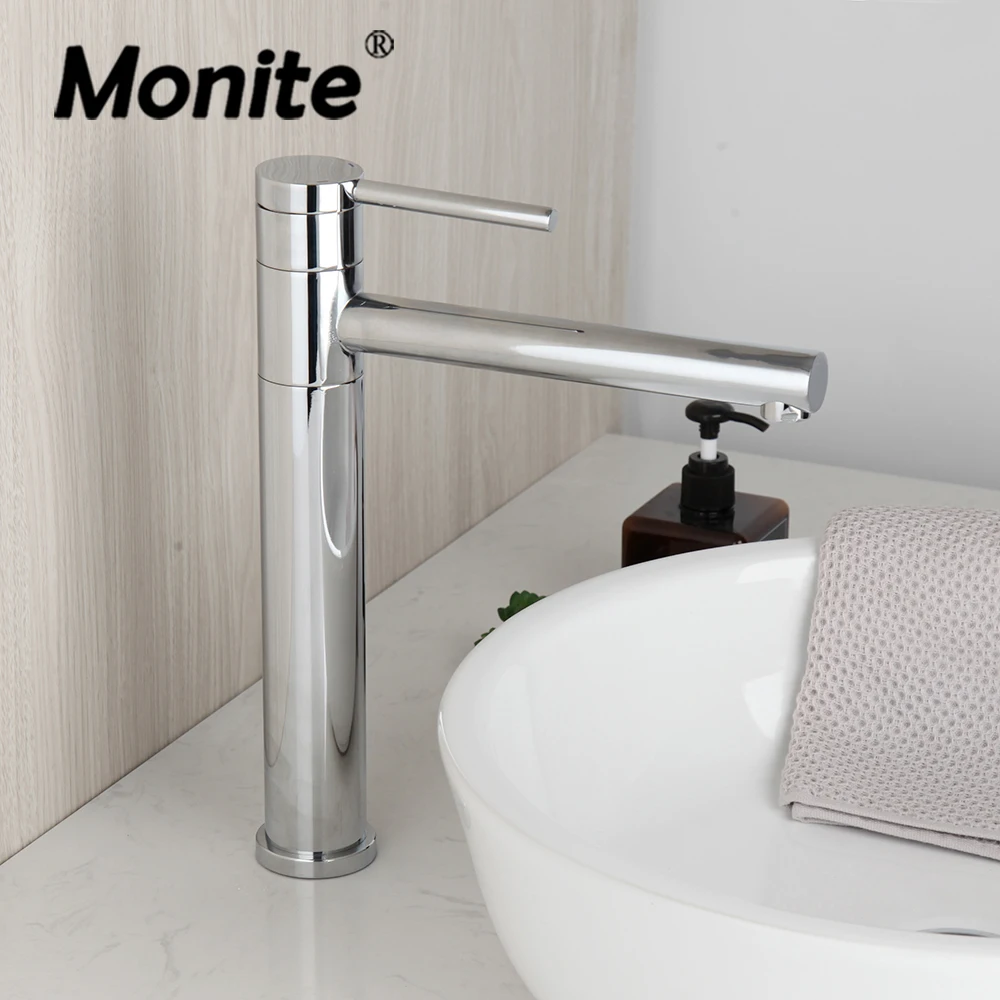 

MONITE Chrome Finished Bathroom Sink Faucrets Brass Deck Mounted Washbasin Faucet Hot Cold Water Single Handle Taps