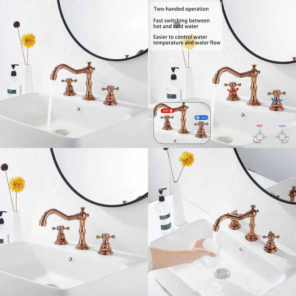 

16 Widespread 8 Spout Copper Sink Faucet with 2 Handles, 3 Holes, Pop-Up Drain & Overflow