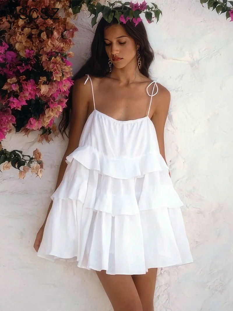 

MSCSZ Spaghetti Strap White Mini Dress Woman Tiered Ruffle Short Summer Dress Korean Style Cute Beach Vacation Dress