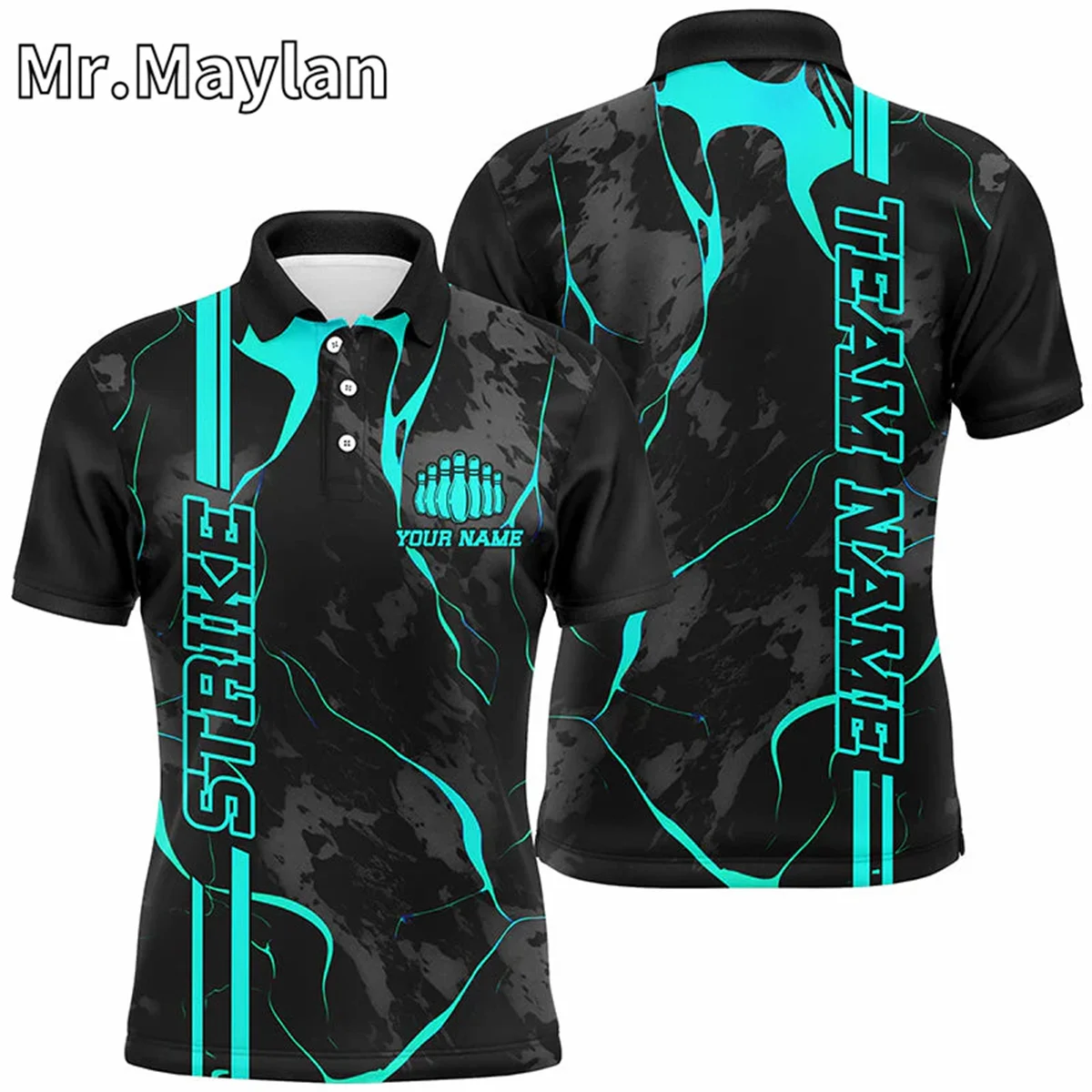 3D Black Men Bowling Polo Shirt Custom Blue Lightning Mens Bowlers Jerseys Bowling Outfits Gift for Bowling Lovers Unisex Tops image 4
