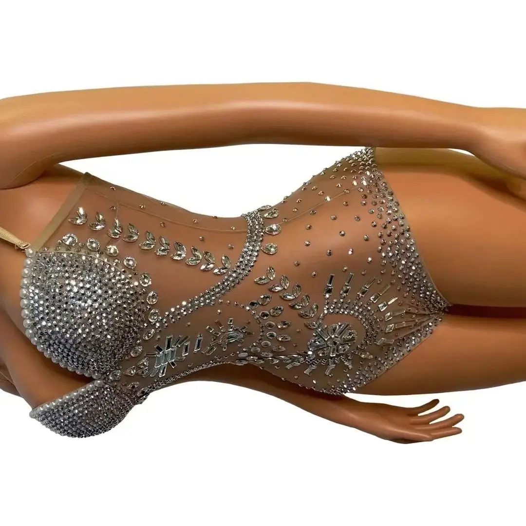 

Crystal Diamond bodysuit Glitter leotard Transparent jumpsuit Sexy Female Singer Sleeveless Underwear showgirl outfit