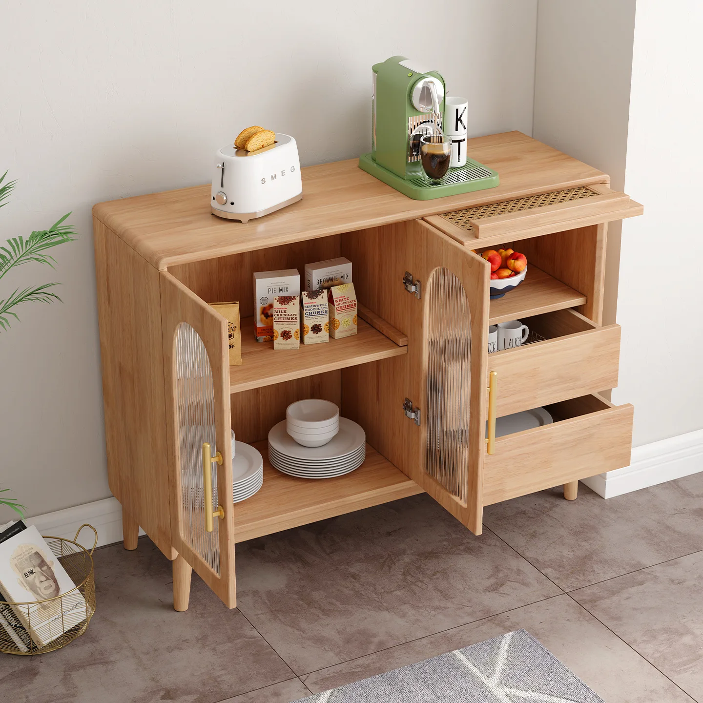 #Rattan Woven Solid Wood Wabi-sabi Style Modern Disassembly Sideboard Cabinet for Living Room and Kitchen Storage