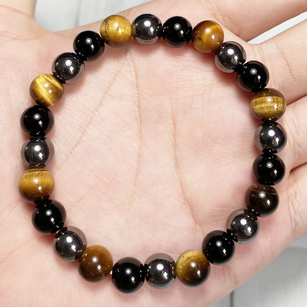 Ruberthen 8 MM Tiger Eye Black Tourmaline Hematite Mix Bracelet Mens Natural Gemstone Handmade Wrist Mala