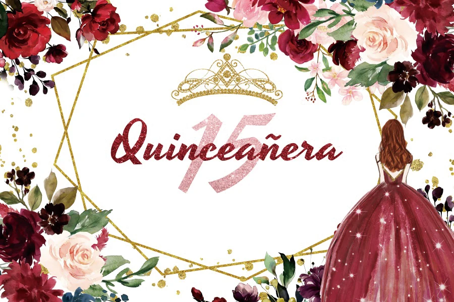 Quinceanera princesa pano de fundo doce 15th meninas vestido glitter coroa floral festa de aniversário foto fundo photo studio banner