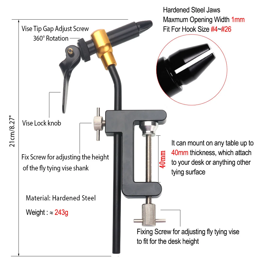 Vampfly Rotating C-Clamp Fly Tying Vise Fly Tying Tool Bobbin Holders Bobbin Threader Whip Finisher 200D High Light Tying Thread