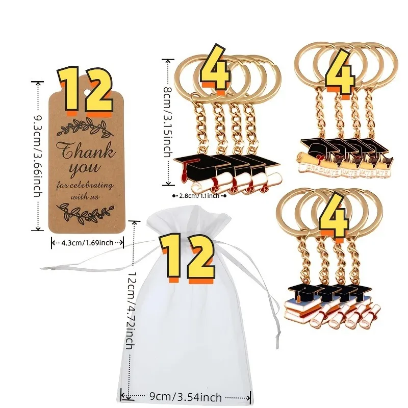 12 Packs Graduation Cap Keychain Favors, Graduation Party Favors with Thank You Tags & Organza Bags, Graduation Gifts for Guests