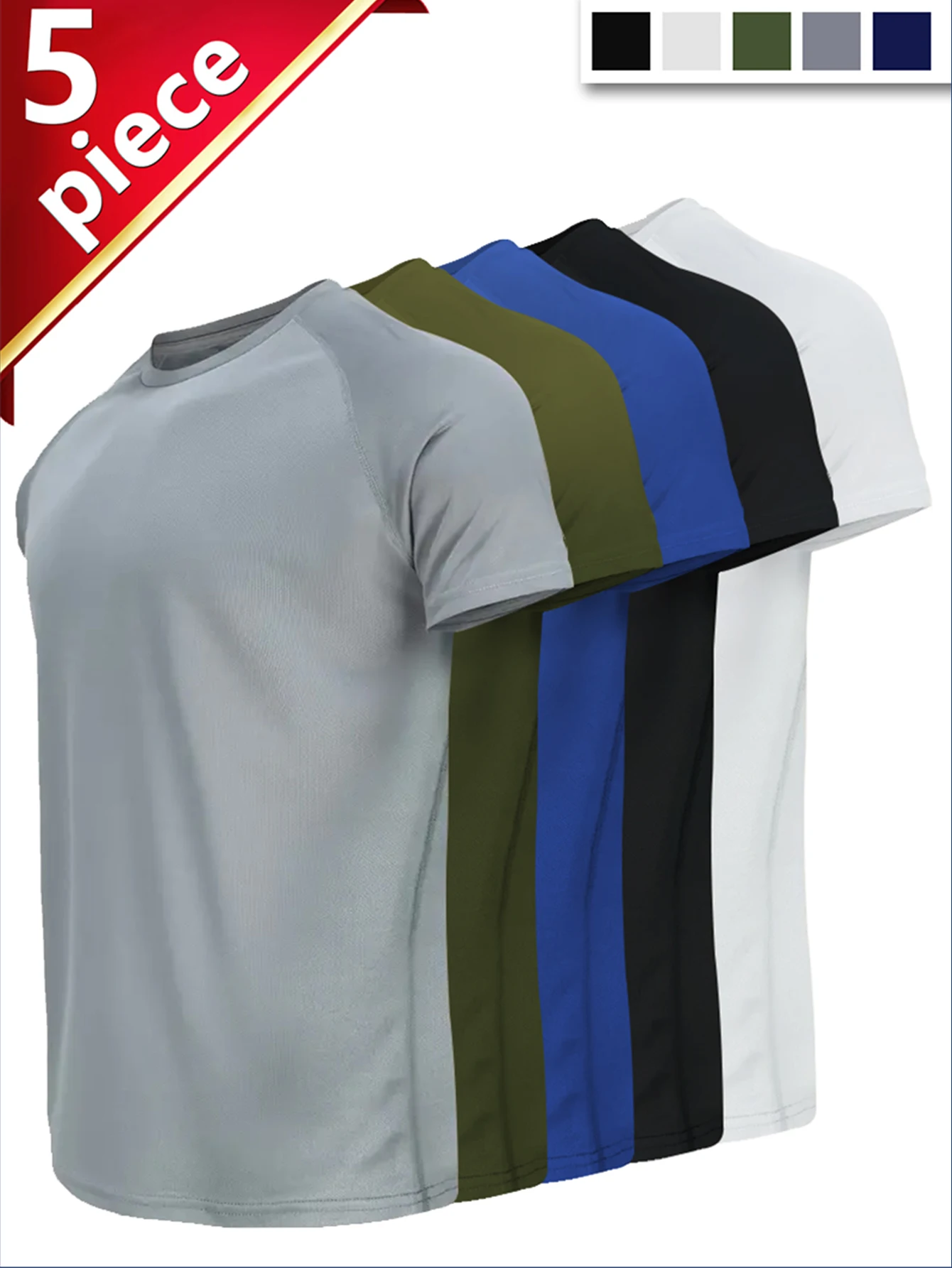 

5 шт. мужские влагоотводящие дышащие быстросохнущие спортивные футболки из полиэстера - эластичная трикотажная ткань, однотонный круглый вырез для Gy