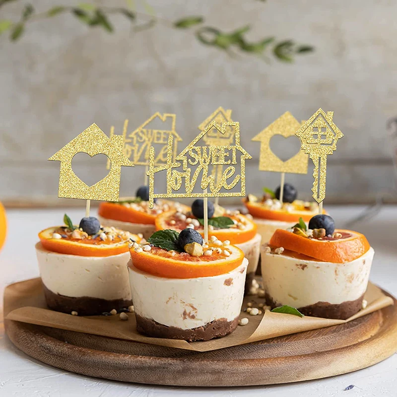 YOMDID 24 Stück Sweet Home Kuchendekorationen aus Bambus für Einweihungspartys, Cupcake-Dekorationen mit 'Sweet Home' Haus- und Schlüssel-Designs – Detail 10