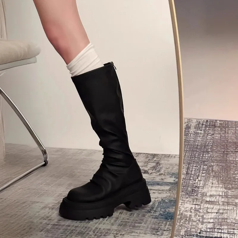 Autumn Winter Women Slim Knight High Boots 2025 Fashion Black Round-toe Back Zippers Chunky Heels Short Plush Warm Long Boots