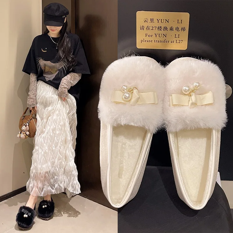 

2025 NEW Crystal Bow-knot Fur Warm Flats Shoes Women Comfy Warm Plush Woman Stylish and High Quality Furry Flats Winter