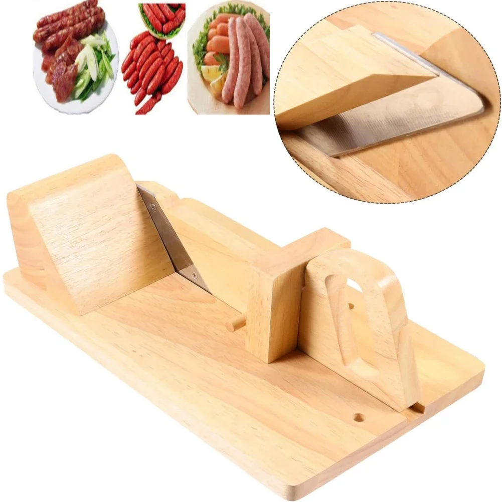

Wooden Sausage Slicer with Stainless Steel Blades Safe Lock Handle Chorizo Guillotine Slicer Meat Cutter Kitchen Manual Slicers