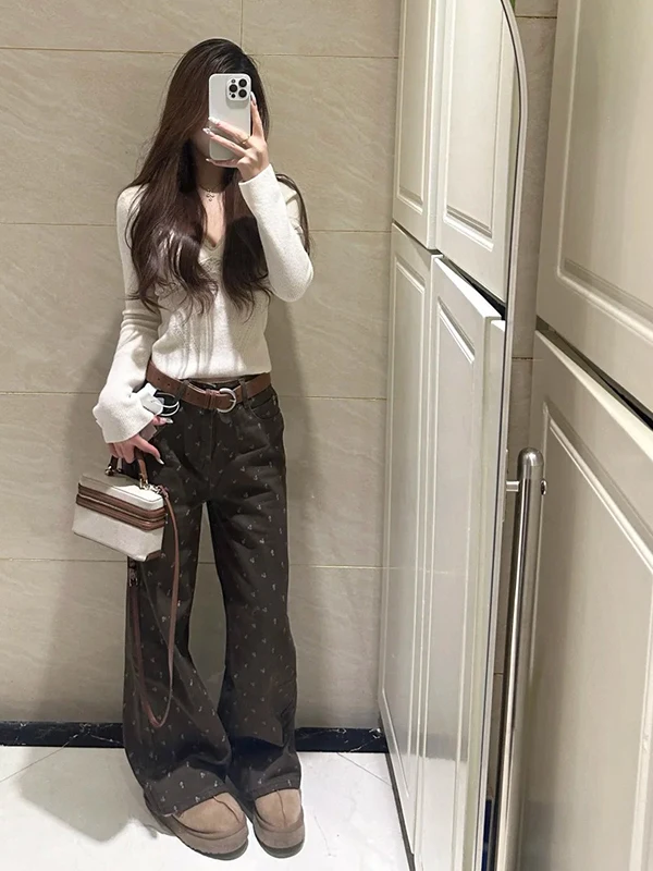 กางเกงยีนส์ทรงตรงหลวมลายดอกไม้สีน้ำตาลสไตล์เรโทรสำหรับผู้หญิง ฤดูใบไม้ร่วง ฤดูหนาว รุ่นใหม่ Sle PmORh เอวสูง ยาวคลุมเท้า