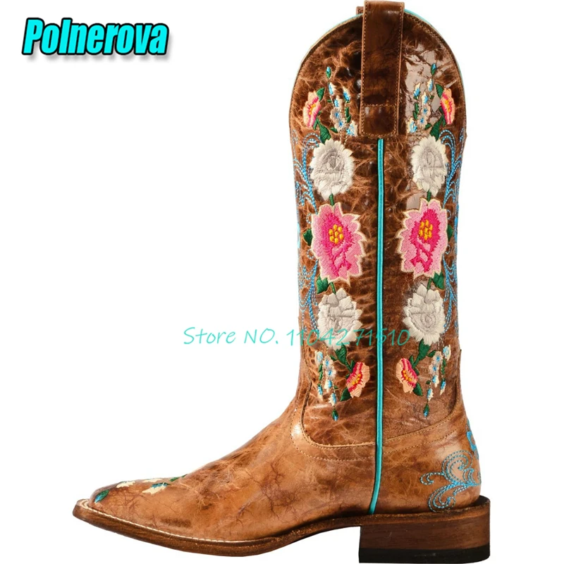 Vintage Embroidered PU Leather Knight Boots Brown Square Toe Thick Heel Western Boots Spring Autumn Outdoor Women's Shoes