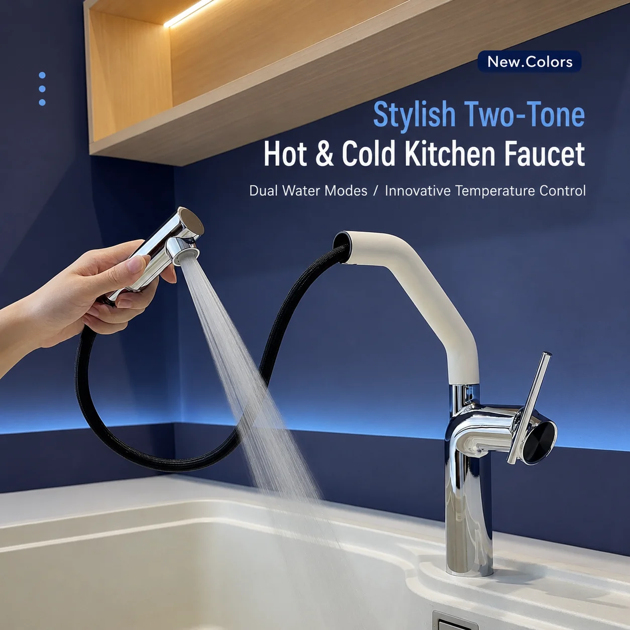 Pull Out Kitchen Faucet 360 Swivel Two-Tone Hot Cold Mixer Tap 2 Modes Splashproof Water Sink Crane