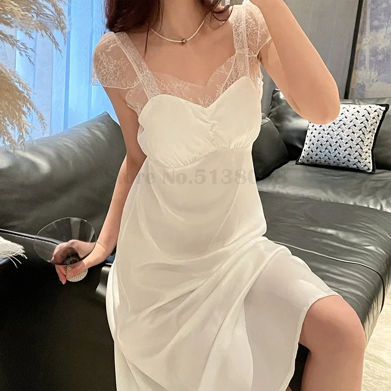 

Lace Spaghetti Strap Nightgowns Summer Satin Sleepwear Women's Home Dress Sexy Chemise Nightdress Intimate Lingerie Nightwear