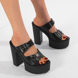 Gdgydh Block Heeled Sandals for Women Fashion Peep Toe Dress Pumps Stylish Double Buckle Strap Design High Heels Sandals Outdoor