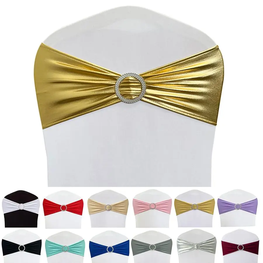 

Chair Sashes Bands 50PCS Stretch Chair Ties Bows with Buckle Slider for Wedding Party Banquet Decoration Metallic Gold