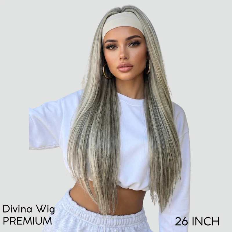 

Ash Blonde Highlight Straight Headband Wig Long Synthetic Hair Natural Look 26