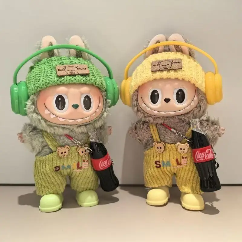 17cm Labubu 의류 마카롱 세트 어깨 끈 바지 모자 헤드폰 신발 음료 3.0 Labubu 의류 인형 액세서리 선물