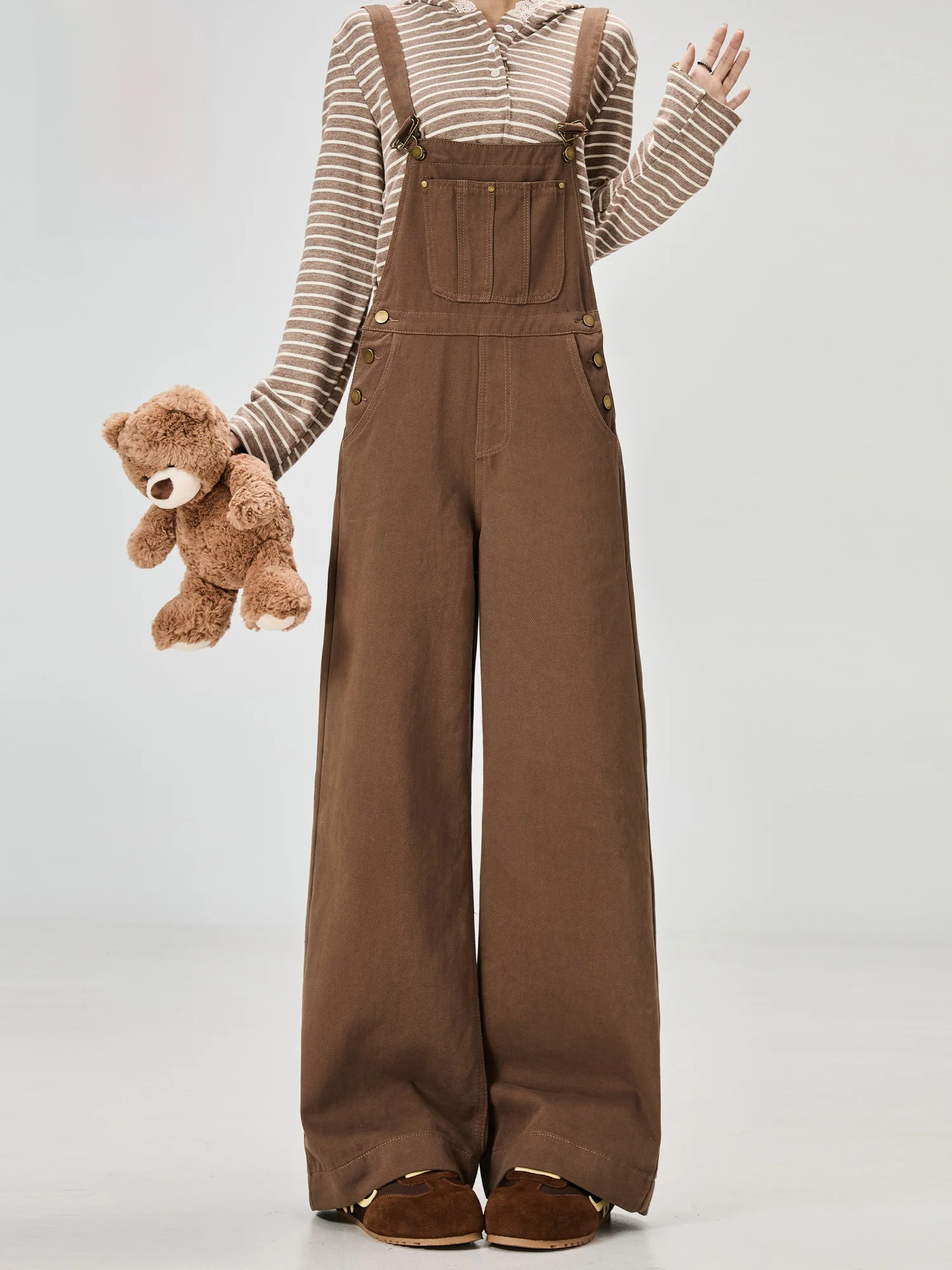 

Женские джинсовые комбинезоны цвета хаки в стиле ретро, свободные брюки с широкими штанинами, омолаживающие, комфортные, с пуговицами на талии, из хлопка