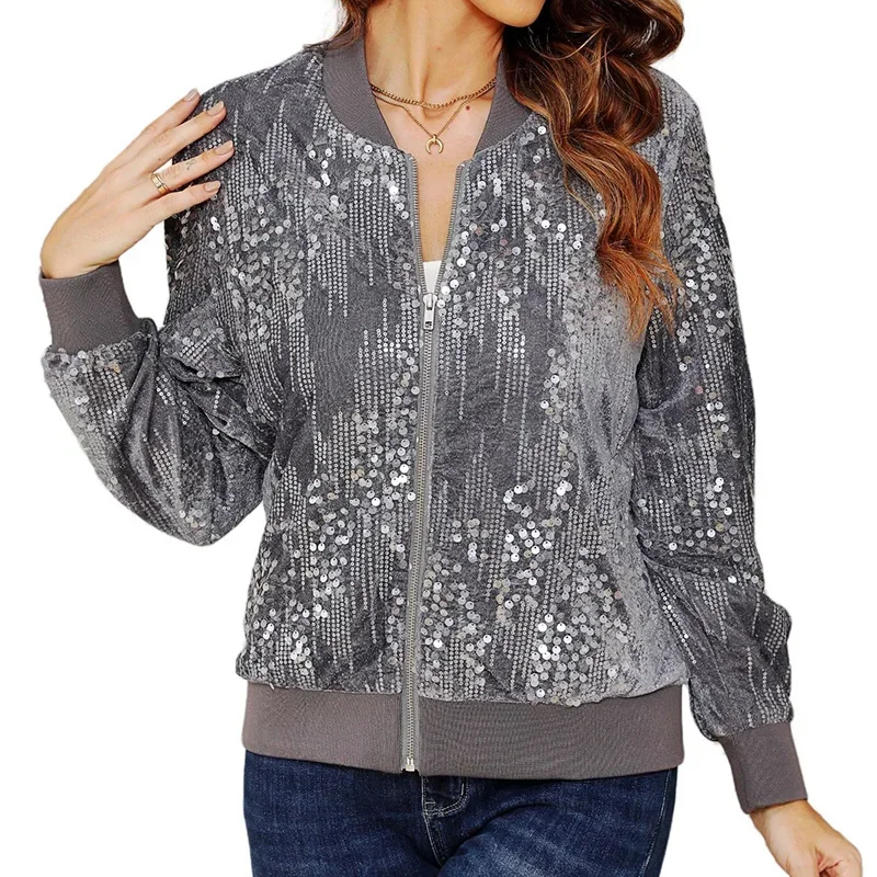 

Серая куртка-бомбер с пайетками для женщин, свободная посадка с воротником-стойкой на молнии, блестящая бейсбольная куртка в европейском уличном стиле