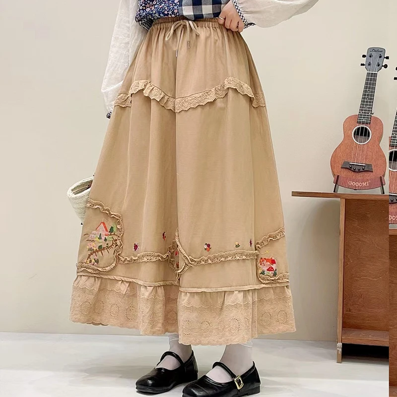 Spring Summer Japanese Sweet Mori Girl Lace Embroidery Patchwork Skirts Women Vintage Plaid Elastic Waist Casual A-Line Skirts