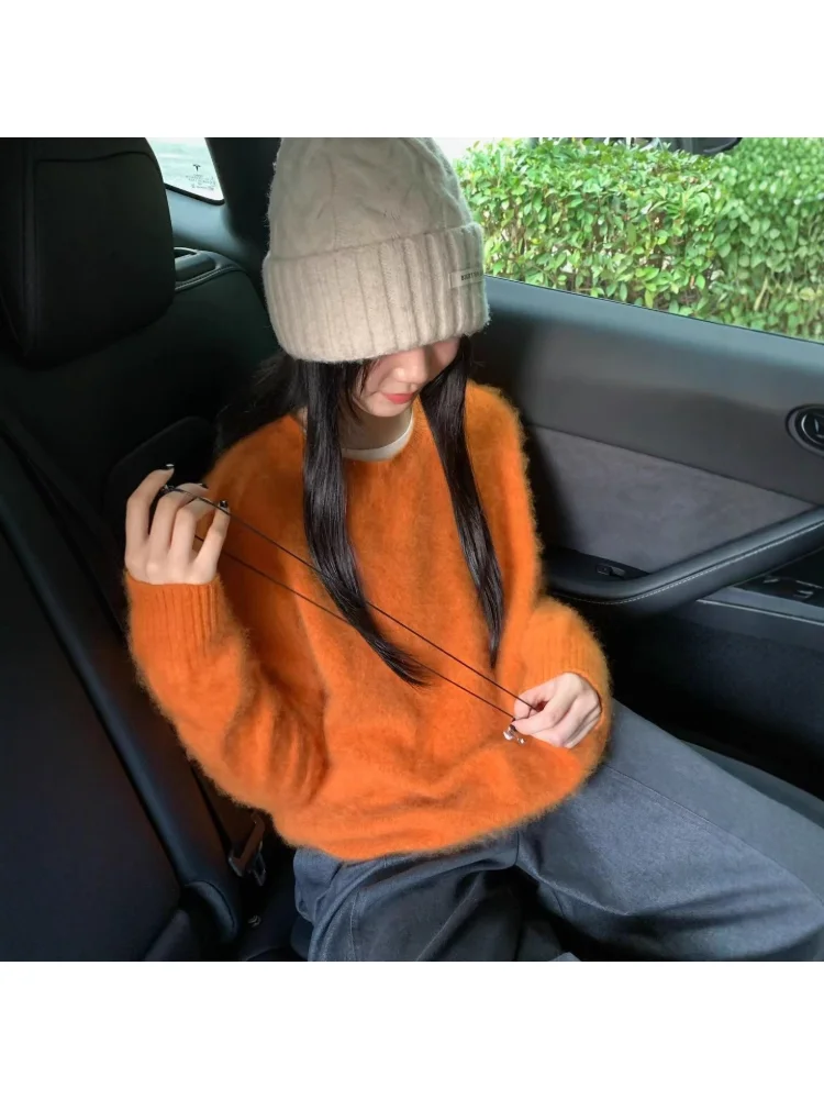 Women's Fashion Simple Casual Green Soft All Match Knitted Sweater Female O Neck Long Sleeve Loose Pullover Tops Sweet Sweaters