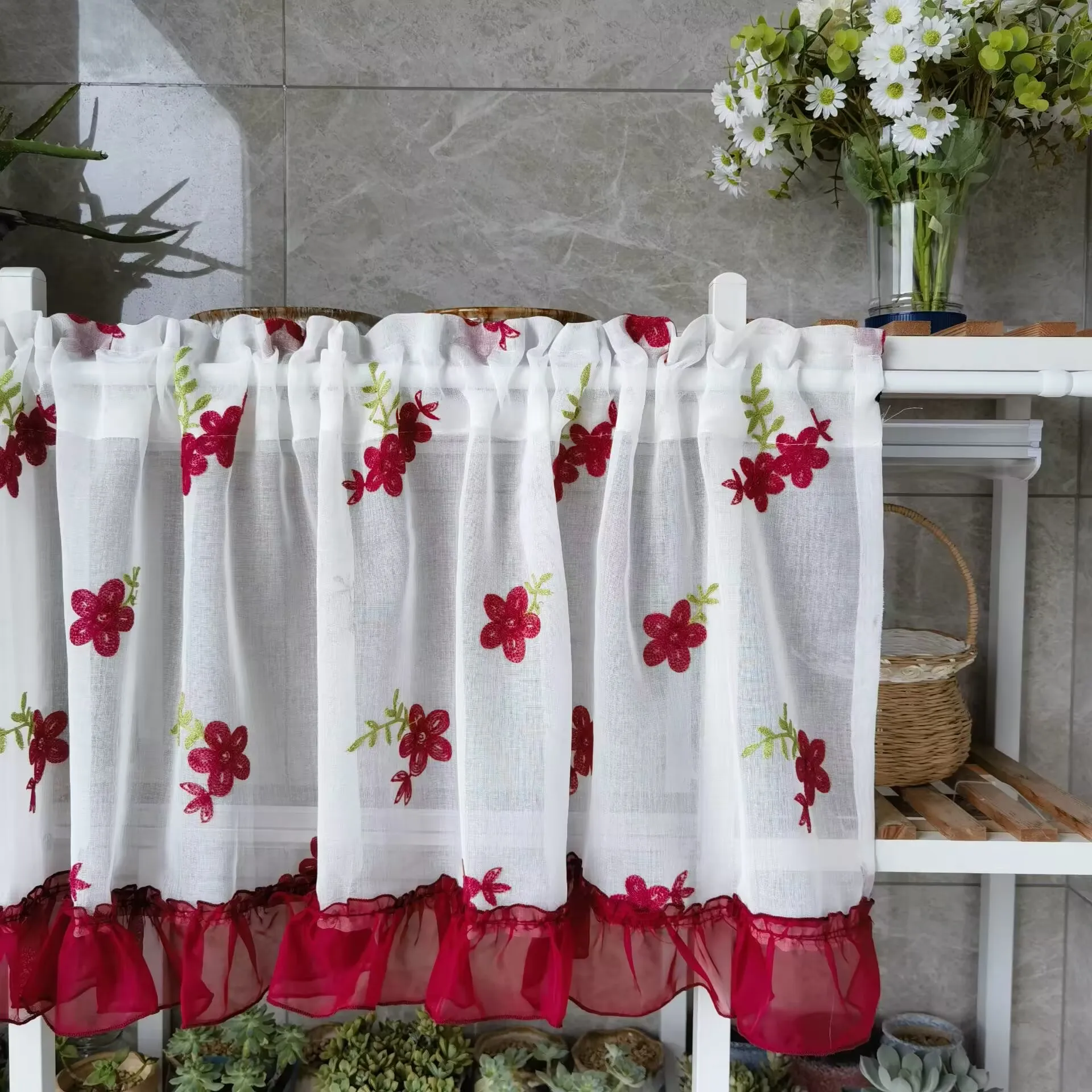 Lace Curtain For Kitchen Red Floral Tulle Curtain For Bay Window Short Curtain Door Partition Cabinet Sheer Drape DL-WP261#40