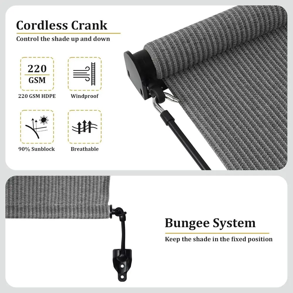 ظلال دوارة خارجية لاسلكية باللون الرمادي، عرض 6 أقدام × ارتفاع 8 أقدام، تصميم مقسم للفناء والشرفة والمراقبة