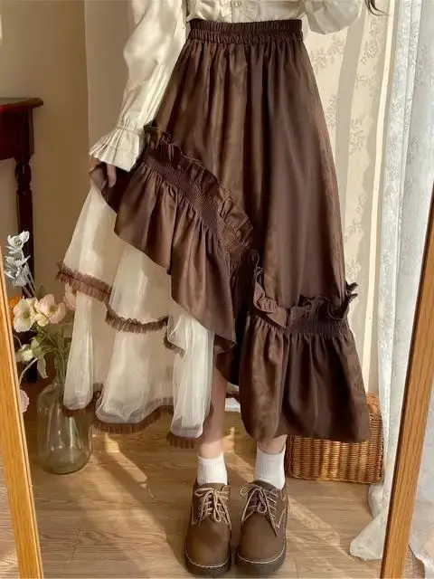 

Skirts Irregularity Mesh Patchwork Ruffles High Waist Japanese Vintage Women Long Tutu Skirt Korean Casual Female Skirt