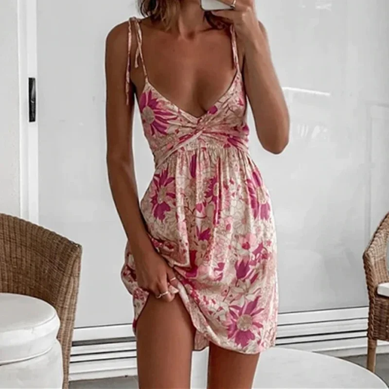 Vestido corto bohemio con estampado Floral para mujer, minivestido ajustado con escote en V, sin mangas, espalda abierta, fiesta, vacaciones, playa, Verano