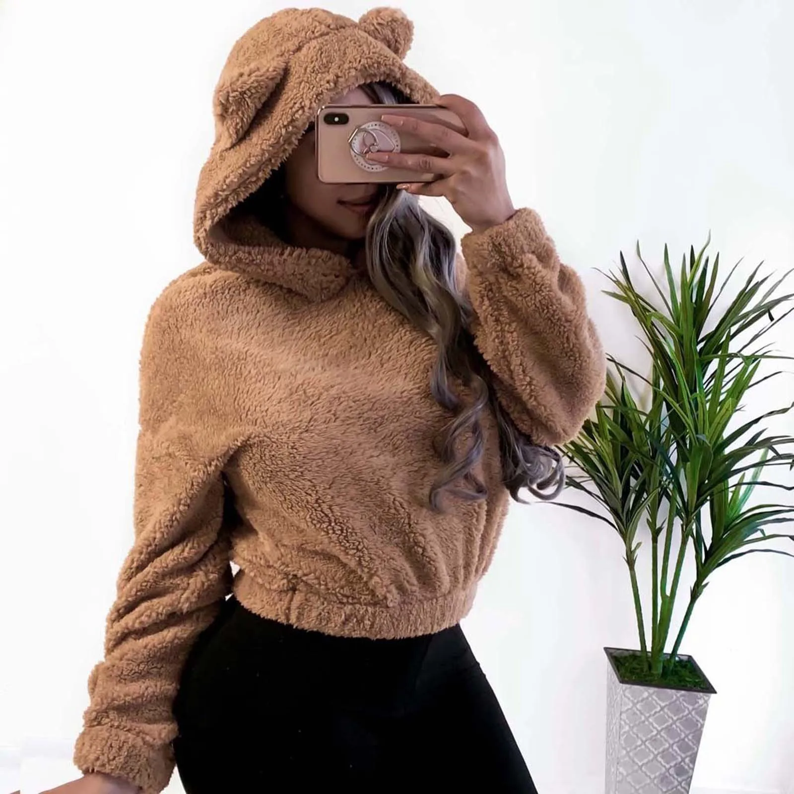 

Cute Bear Sweatshirt Soft Blouse Women Long Sleeve Autumn Winter Pullover Plush Warm Fluffy Hoodie Harajuku Korean Velvet Pullov