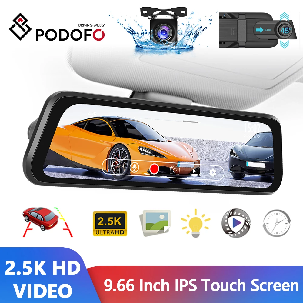 Podofo Car DVR 9.66'' IPS Touch Screen Drive Recording Dash Cam Drive Recorder 1080P HDR Night Vison Parking Monitor Wide Angle