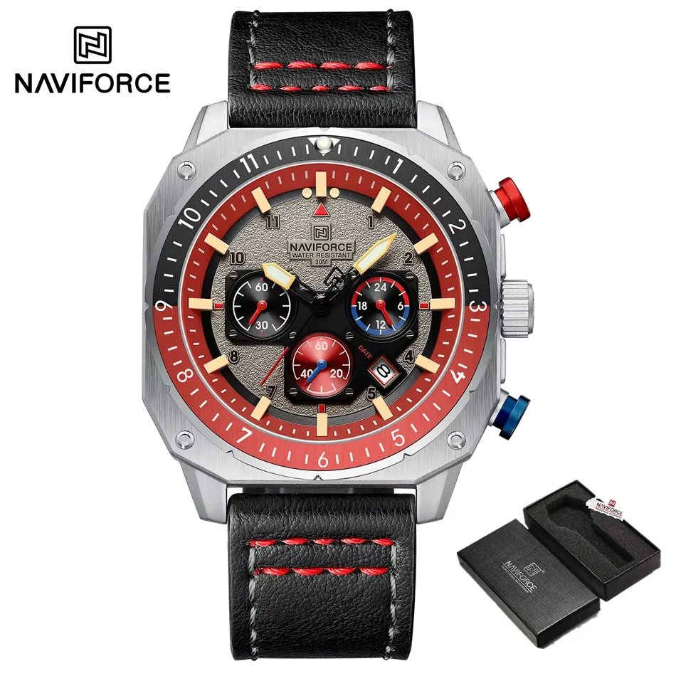 NAVIFORCE Sport-Multifunktions-wasserdichte Uhren für Herren, modisches Leder, Luxusmarke, Quarz, analog, leuchtend, quadratisch, Armbanduhr 7