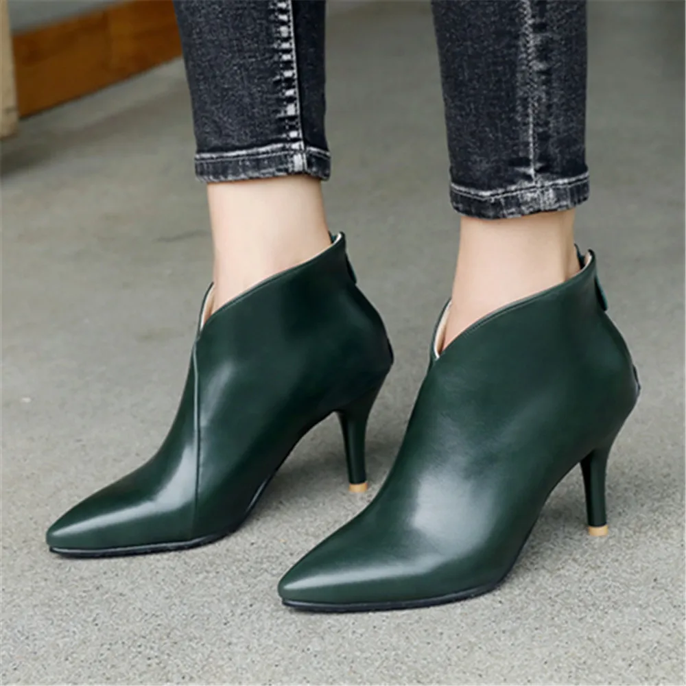 Women Shoes Fashion Metal Zipper Ankle Boots Ladies Elegant Short Plush Sexy Thin Heels Boats Mujer For Girls Size 32-43 Beige