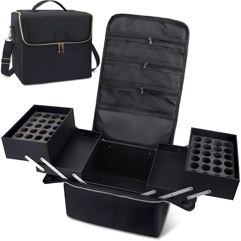 Large Makeup Travel Train Case, Upgraded Plus Size Nail Supply Organizers and Storage for Nail Tech, Black 4 Tier Cosmetic