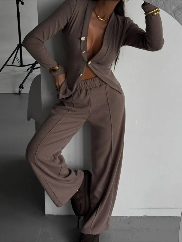 

New Casual Women's Button Cardigan Top Pants Two-piece Sets 2025 Autumn And Winter Fashion V-neck Long-sleeved Slim 2piece Set
