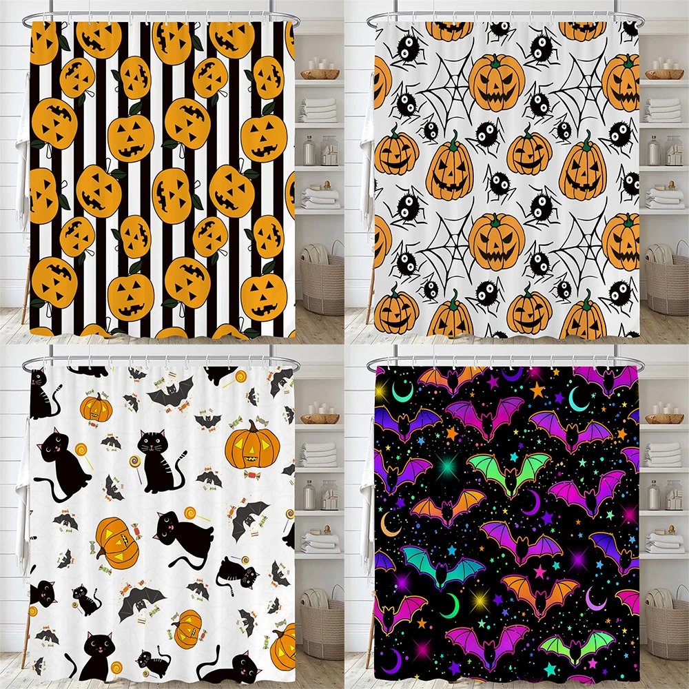 Halloween Shower Curtain Horror Wizard Pumpkin Cat Castle Bath Curtains Home Bathroom Bathtub Decoration Waterproof With Hooks