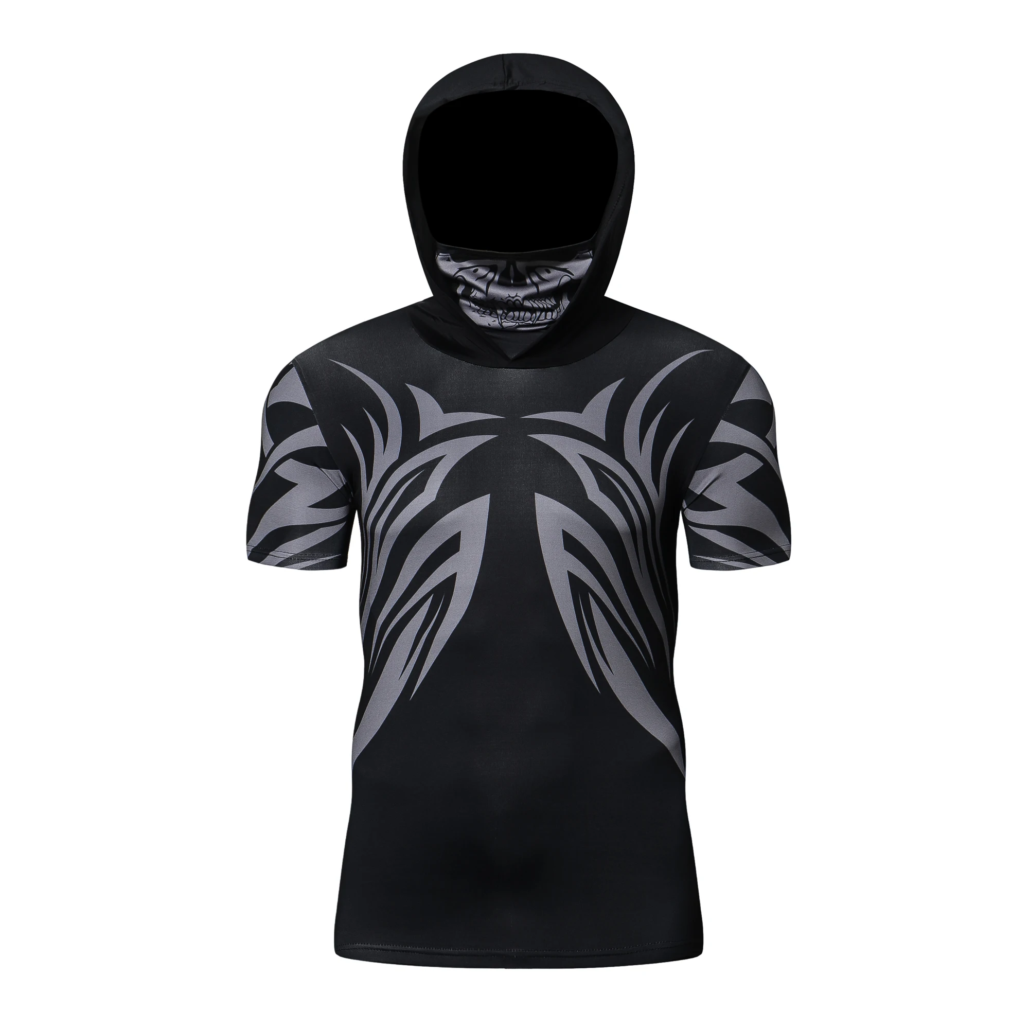 Summer Quick-Dry Men's Hooded T-Shirt Trendy Skull Mask Printed Hoodie Hooded Short Sleeve Hoodie Casual Sports Fitness