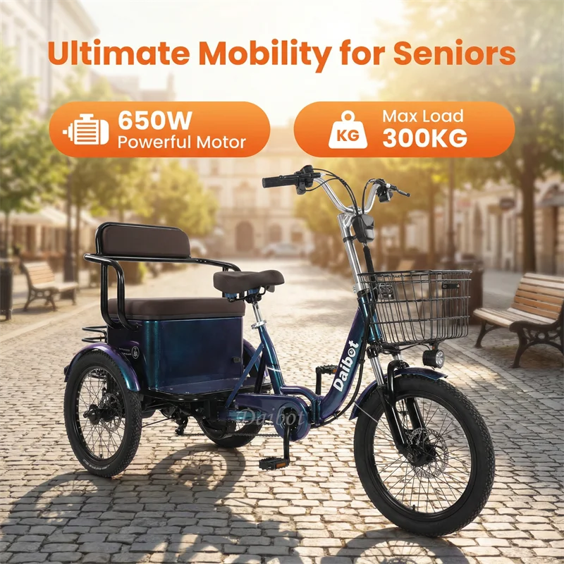 3-Rad-Elektrofahrrad 2-Sitzer für Erwachsene 650W Eltern-Kind-Elektrodreirad mit Rücksitz, faltbares Elektrofahrrad für Senioren – Detail 3