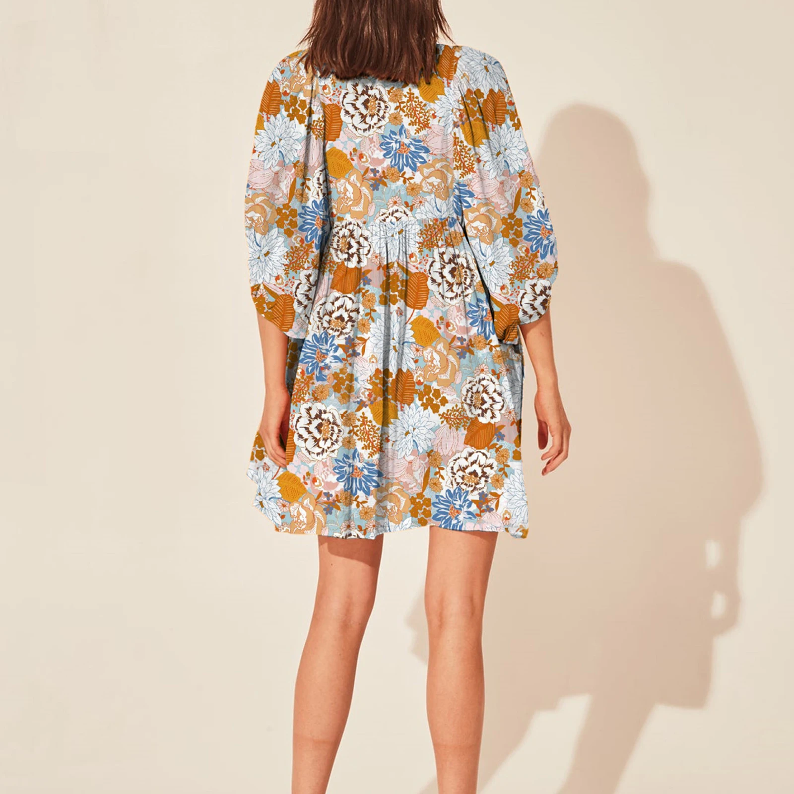 Lace-up V-neck Tie-Up A-line Dress Women Floral Print Mini Dress Lantern Sleeves Beach Sundress