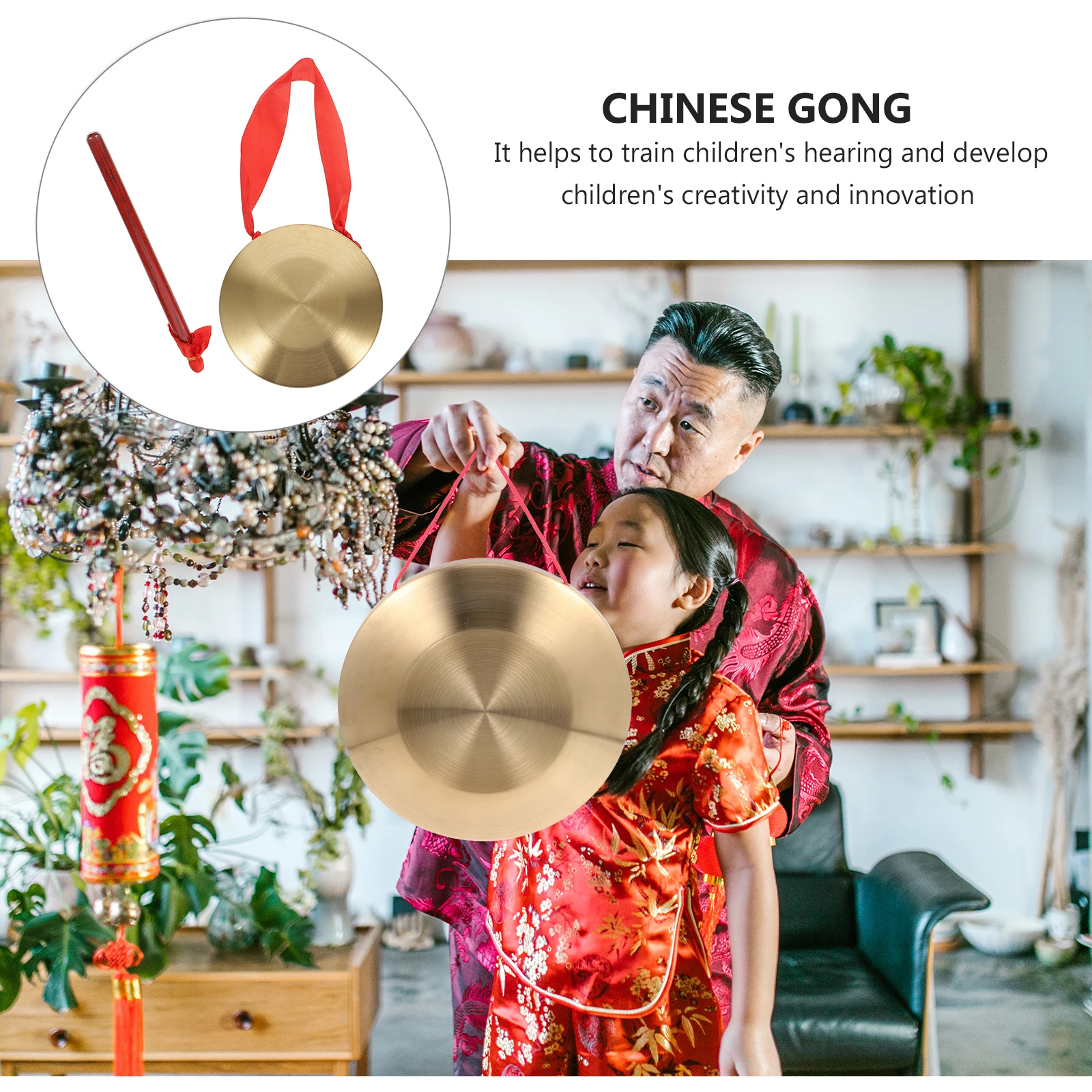 

Gongs and Drums Chinese Traditional Musical Instruments Brass Percussion Hand with Hammer Wood Chimes Child