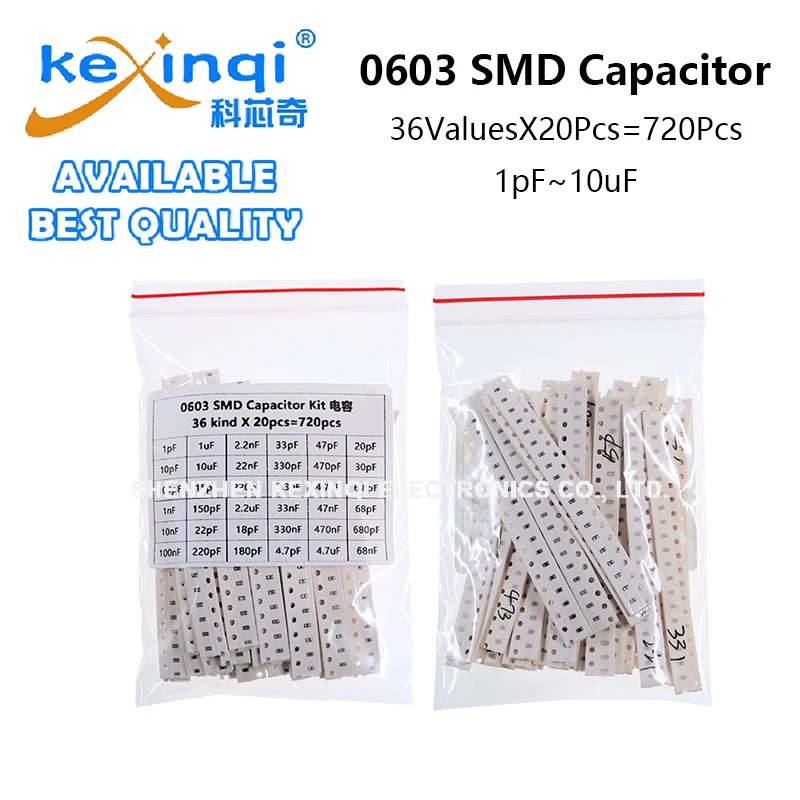 

(720pcs) 0603 SMD Capacitor Assorted Kit 36ValuesX20PCS 1pF 10uF 4.7 6.8 10 22 33 47 100 220 470 680 pF nF uF DIY Kit