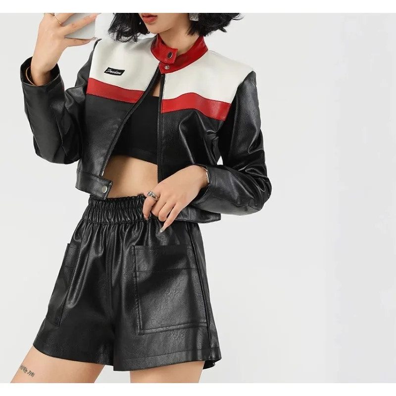 New Contrasting Splicing Locomotive Suit Bomber Jacket Short Jacket Leather Jacket Women