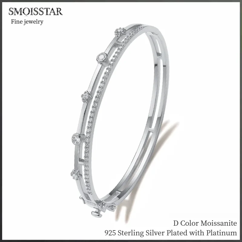 

2 Layers Round Shape Real Moissanite Bangle 925 Silver Classic Bracelet 18K Gold Plated Love Bangle Bracelets for Women