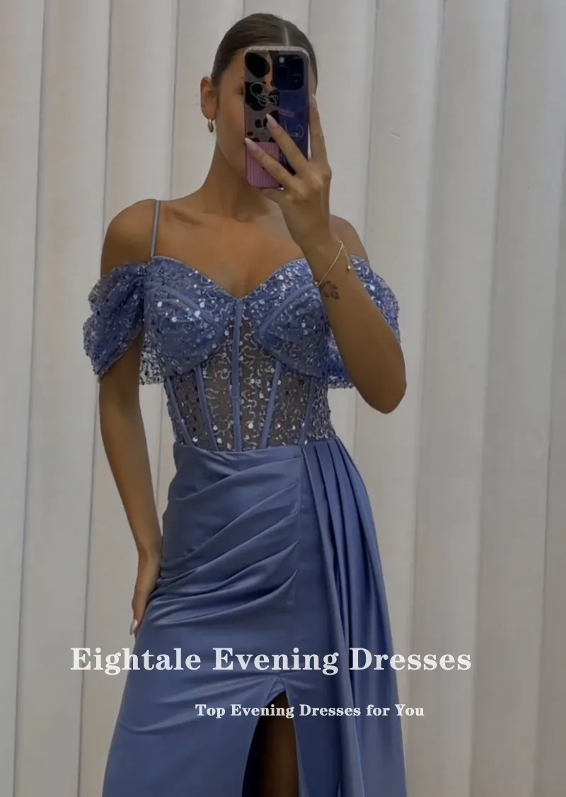 Eightale Luxury Evening Dresses Spaghetti Strap Sequined Mermaid Blue Satin Customized Prom Party Gown Wedding Vestidos De Gala