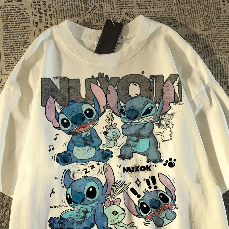 

Disney Cartoon Stitch Printed Short Sleeved T-shirt For Women And Men American Style Summer Trendy Couple Top Loose Casual Tees