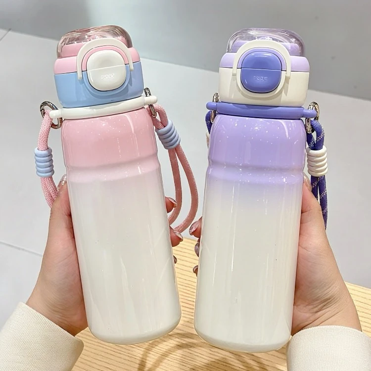 大容量グラデーション断熱ウォーターボトル、ストロー＆シップ蓋付きステンレススチールタンブラー、旅行-ジム-学校用ストラップ付き