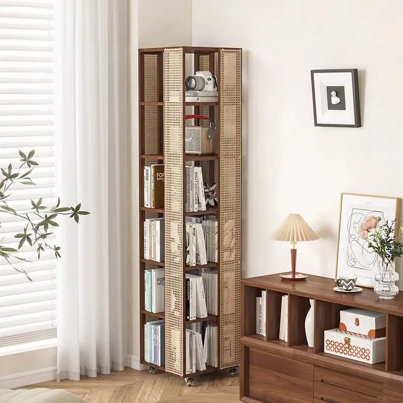 

Rattan rotating bookshelf Floor-to-ceiling shelf integrated, movable against the wall Small narrow cabinet by the wall Solid woo